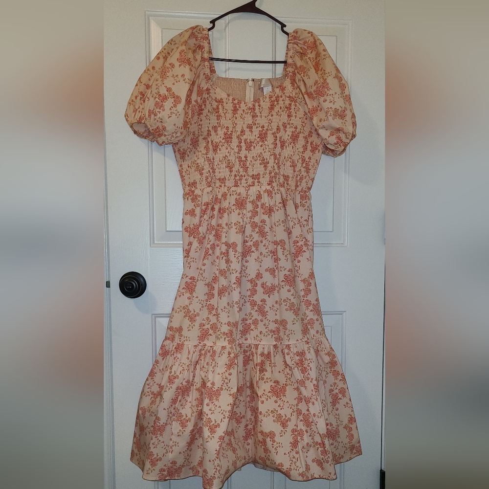 Rachel Parcel Floral Pink Puff Sleeve Dress, Smocked Bodice, Size M-L - Picture 8 of 11